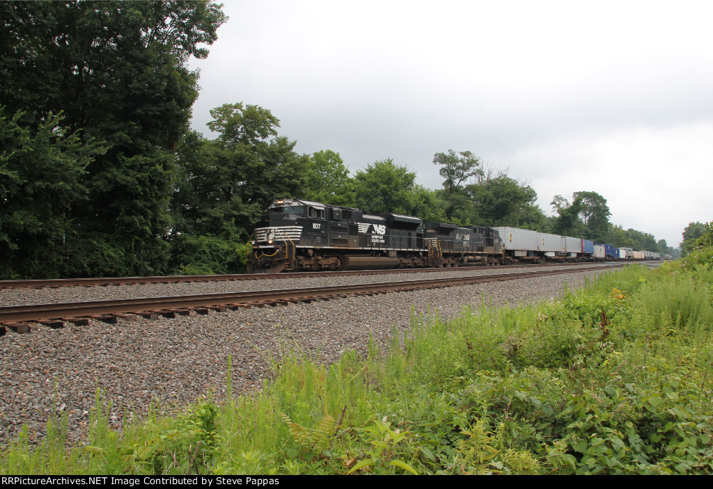 NS 1107 and 4007 take an intermodal train West